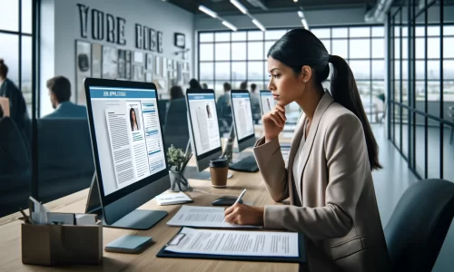DALL·E 2024-04-25 17.24.00 - A focused and modern depiction of a single professional working on job applications in a Canadian office setting. The image, formatted horizontally, s